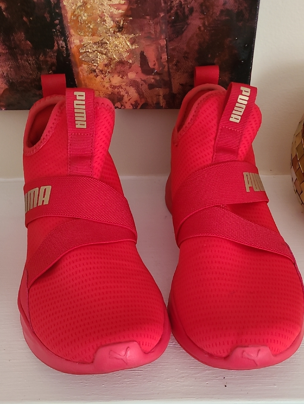 Puma Red Women's Slip-On Athletic Sneakers with Gold Logo